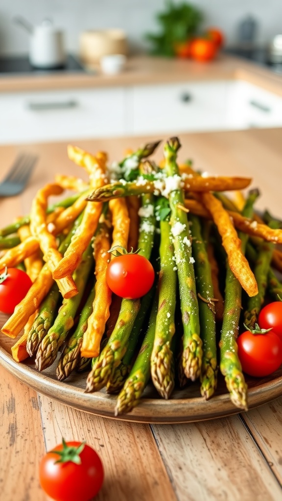A plate of crispy baked asparagus fries with cherry tomatoes, garnished with Parmesan on a wooden table.